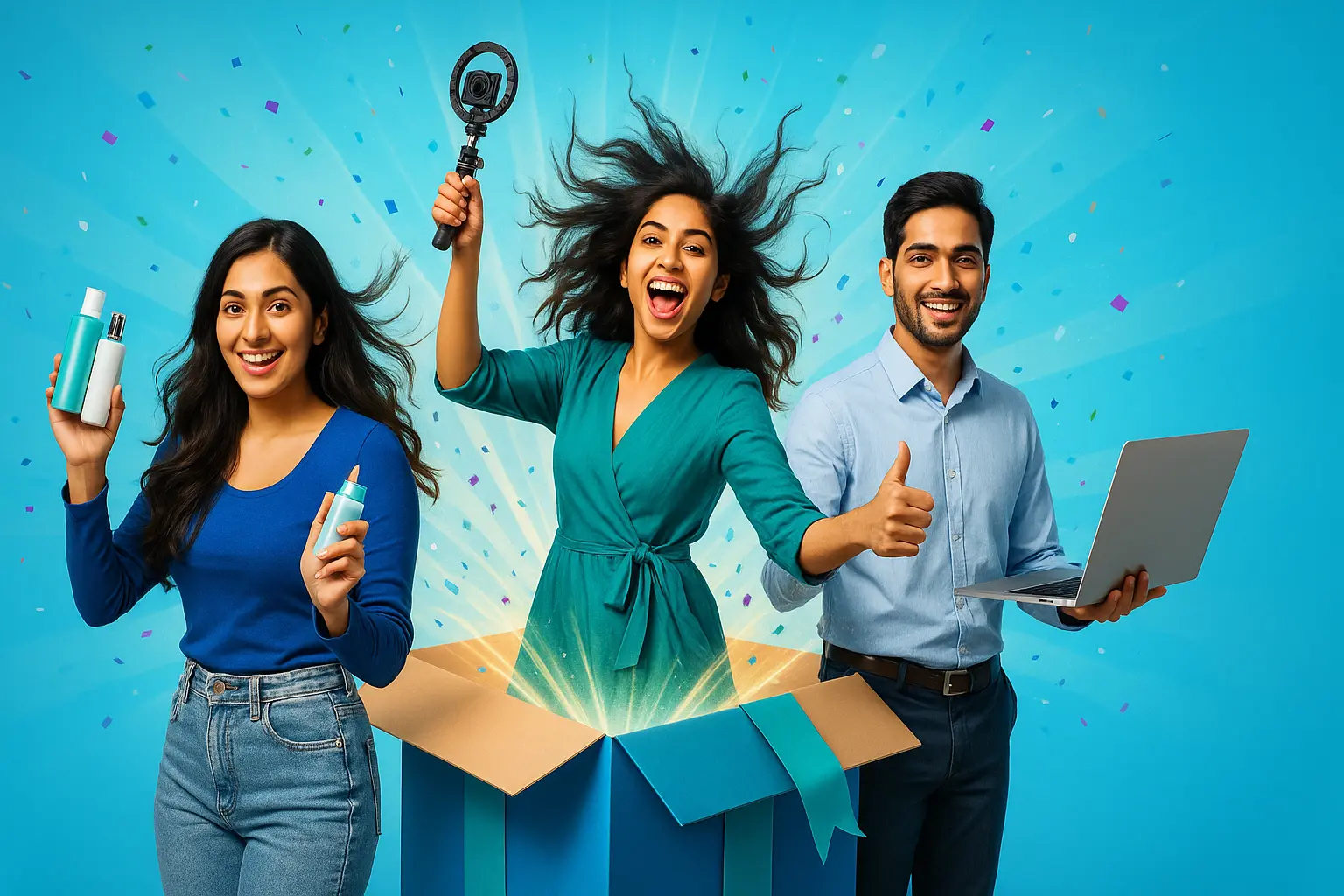 Influencers and Brand Managers popping out of a gift box