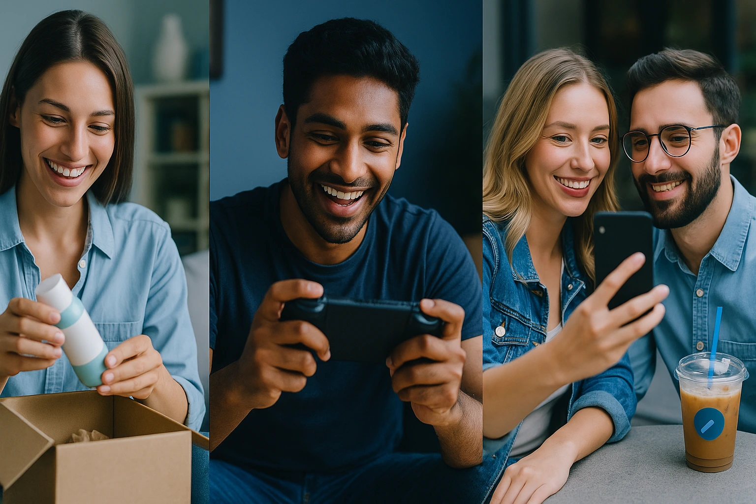 Collage of real customers engaging with products — a woman unboxing skincare, a man using a tech device, and a couple taking a selfie with a branded iced coffee — representing authentic user-generated content.