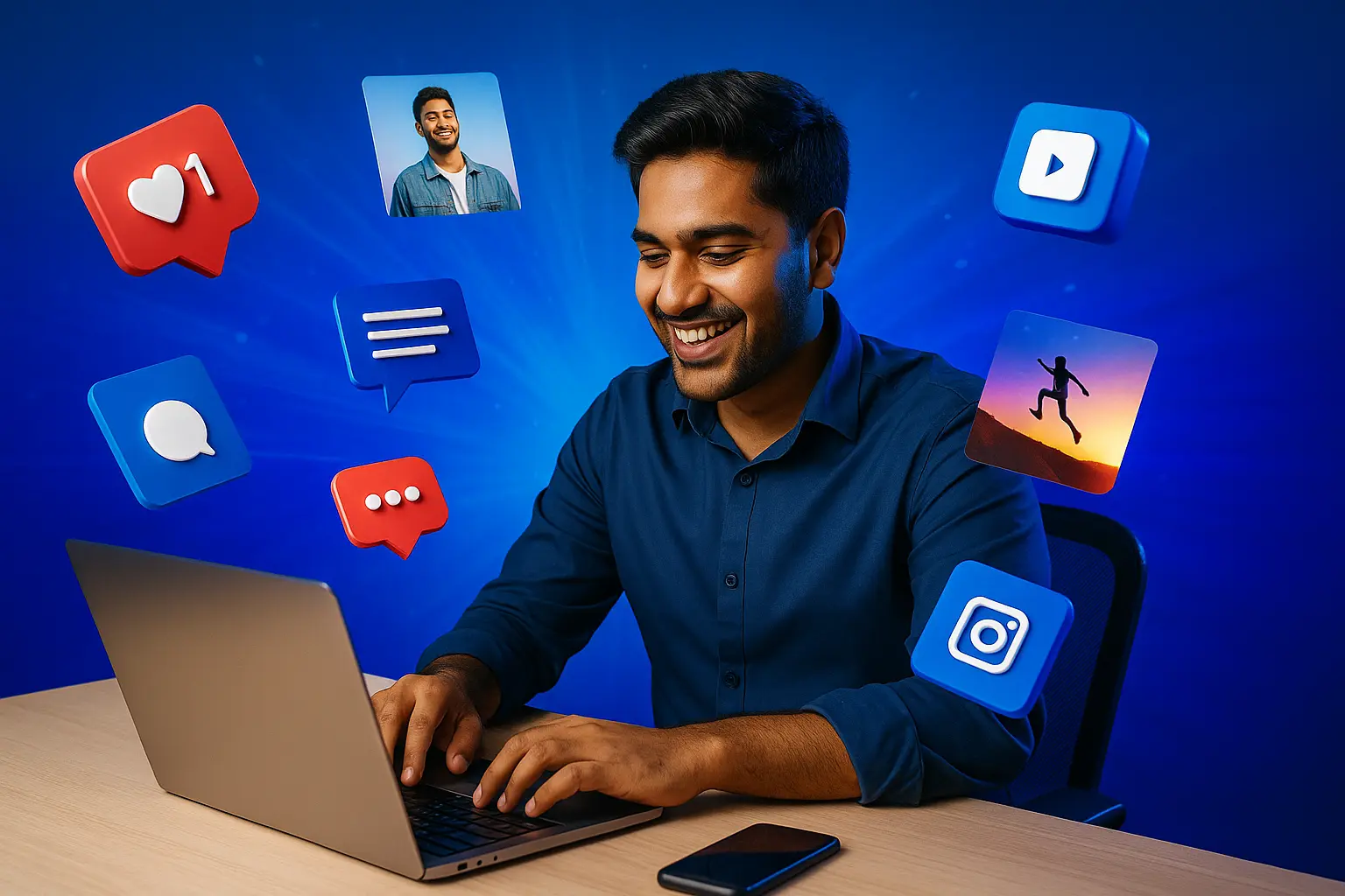 A South Asian male creator sits at a desk, smiling and typing on his laptop, surrounded by floating 3D social media icons like hearts, comment bubbles, video thumbnails, and Instagram logos, set against a vibrant blue background that conveys energy and movement.