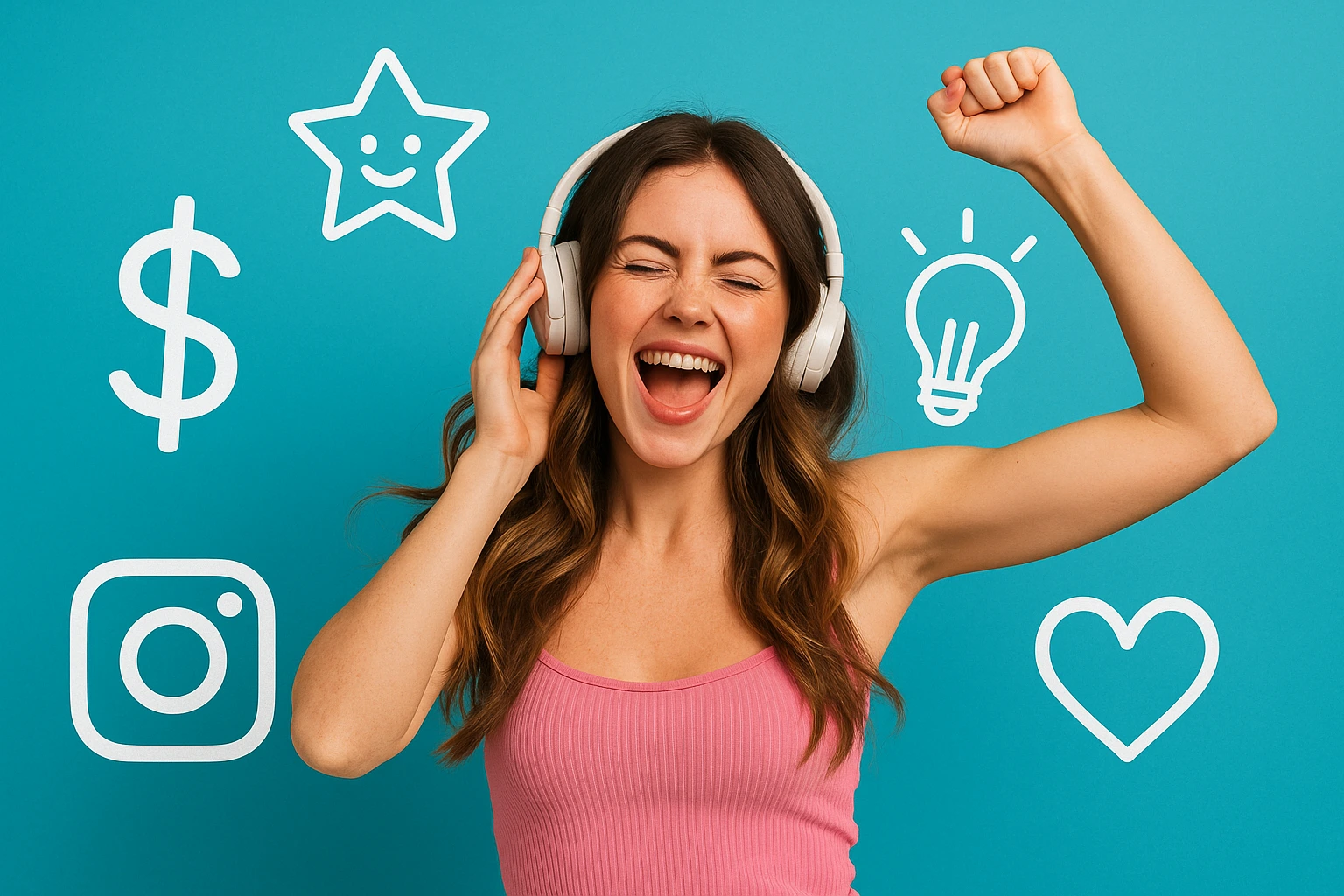 Excited influencer celebrating with icons around her, including Instagram, dollar sign, heart, and lightbulb, symbolizing success and creativity.